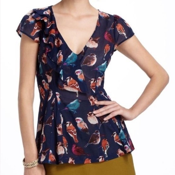 Anthropologie Meadow Rue Animal Kingdom Blue Bird Print Short Sleeve Top Size 6 - Picture 11 of 11